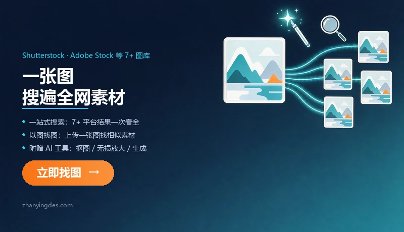 一张图搜遍全网素材 — 战鹰素材搜索：一站式搜索 Shutterstock、Adobe Stock、iStock 等 7+ 图库，支持以图找图，附赠 AI 抠图、无损放大与图像生成工具